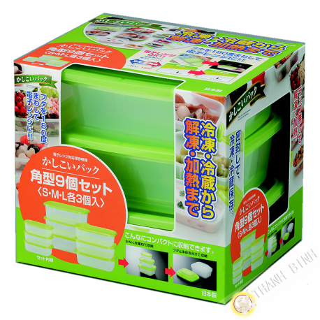 Box food plastic rectangle microwave and refrigerator, lot of 9pcs green INOMATA Japan